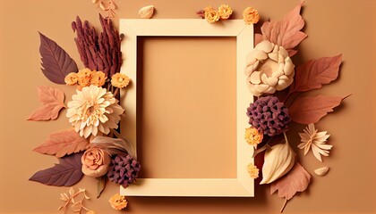 Generative AI illustration of fall flower frame on pastel brown background copy space flat lay mock up