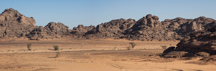 Fototapeta na wymiar Panoramic picture of the Akakus desert in Libya 