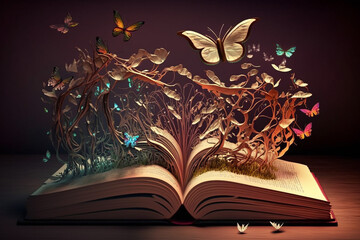 A magical open book, fabulous plants, butterflies and flowers on its pages. Fairy tale for children. Generative AI content.