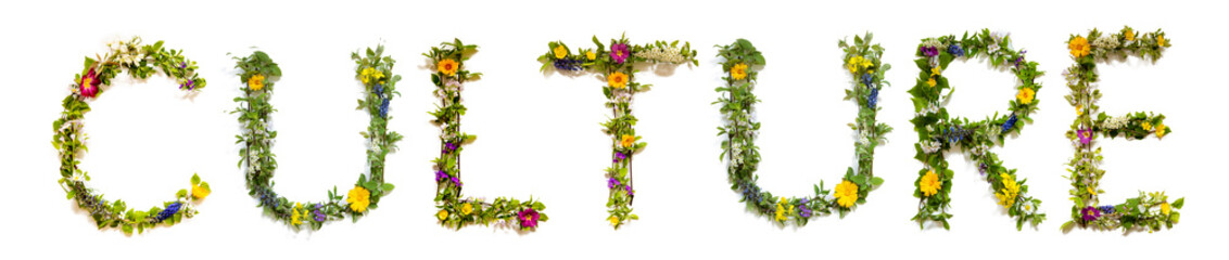Colorful Flowers Building Word Culture, Isolated Background