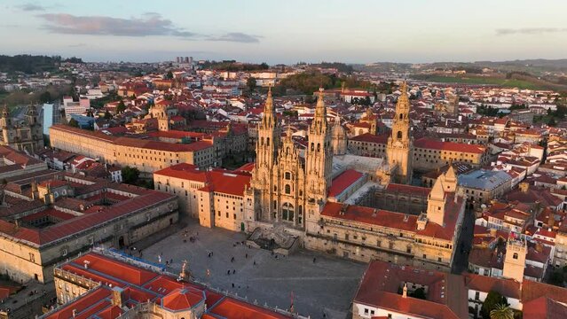 Aerial view of famous Cathedral of Santiago de Compostela. Travel destination in north of Spain Way of St James. Spain