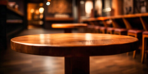 a wooden table against a blurry background in an empty restaurant,