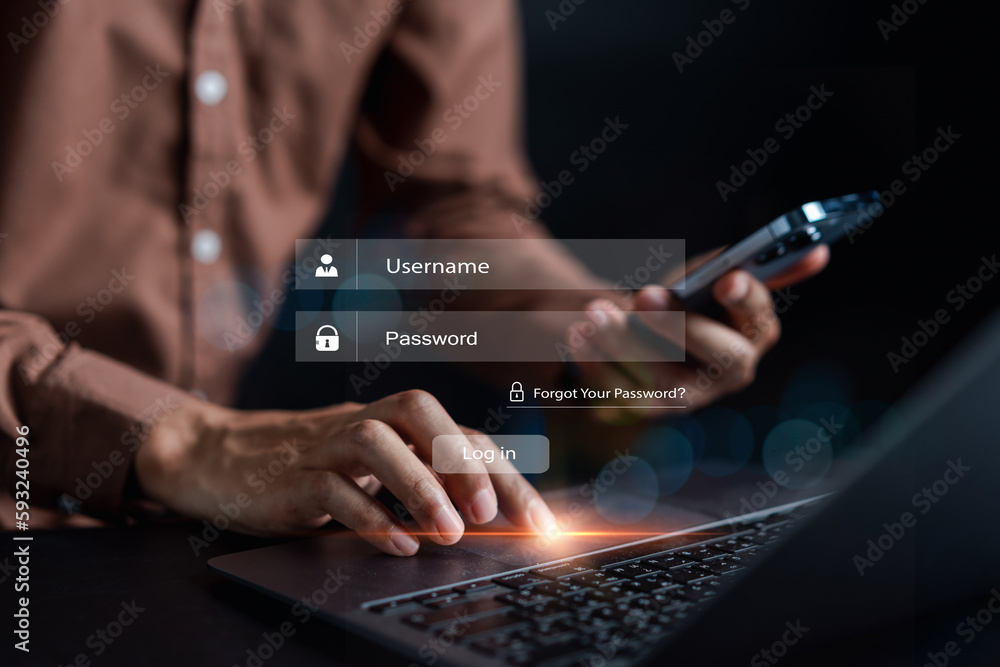 Poster Cybersecurity and privacy concepts to protect data. businessman with internet network security technology. Businessman locking personal data on smartphone. cyber security concept