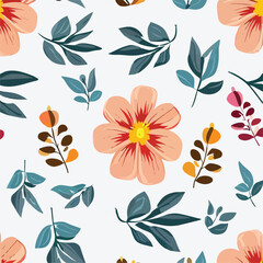 Fototapeta na wymiar Green leaves and beautiful, cute flowers seamless pattern vector illustration. seamless floral pattern