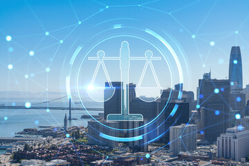 Plakat San Francisco skyline from Coit Tower to Financial District and residential neighborhoods, California, US. Glowing hologram legal icons. The concept of law, order, regulations and digital justice