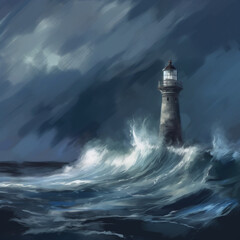 Fototapeta na wymiar Painting of A Lighthouse In Stormy weather