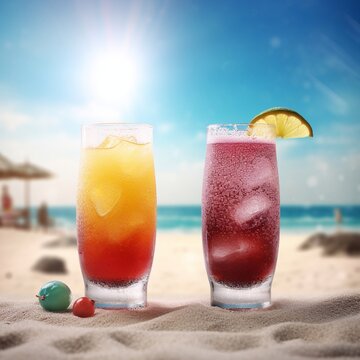 Tropical summer fruit cocktails on a sandy beach paradise background illustration. A.I. Generated.

