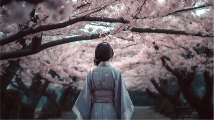 夜桜に立つ女性 - 内省的な光景（Generative AI ）