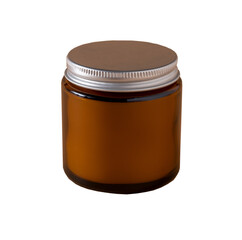 Soy aroma candle in a glass jar with a metall lid. Candle isolated on white background. Beauty jar for cosmetics, reusable container for cream. Copy space label.