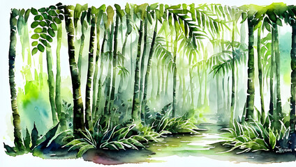 beautiful watercolor and ink painting of a rain forest - generative AI