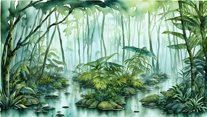 beautiful watercolor and ink painting of a rain forest - generative AI