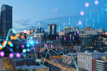 Seattle aerial skyline panorama of downtown skyscrapers at sunset, Washington USA. Forex graph hologram. The concept of internet trading, brokerage and fundamental analysis