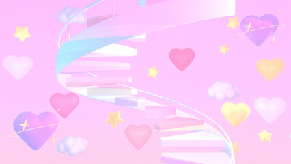 3d rendered spiral stairs with hearts, clouds, and stars in the pink sky.