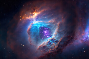 Glowing blue nebula with stars. Fantasy galaxy generative AI background