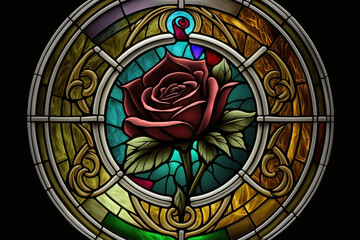 Multicolored stained glass window with irregular random block pattern. Generative illustration