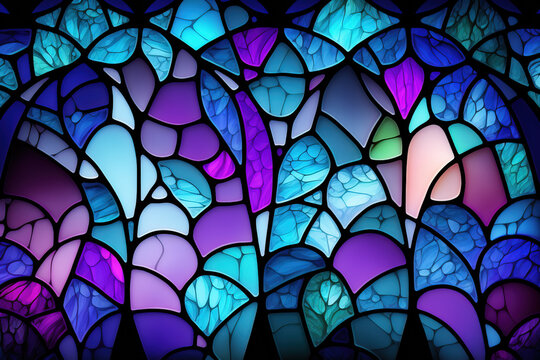 Multicolored stained glass window with irregular random block pattern. Generative illustration