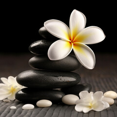Fototapeta na wymiar Black Zen Rocks With White Flower