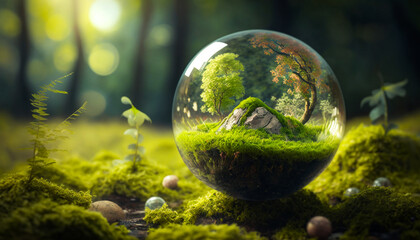Obraz na płótnie Canvas Glass Globe On Moss In the Forest. Environmental Concept 
