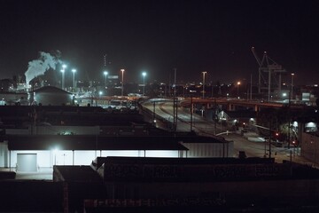 Aerial view of the industrial area at the dark night
