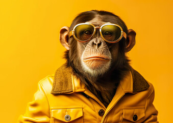 Cool monkey in sunglasses posing in front of a yellow background. Despite being in an unfamiliar environment, the animal feels good. AI generated illustration.