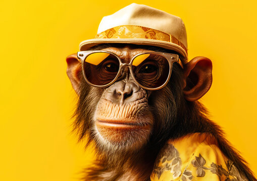 Cool monkey in sunglasses posing in front of a yellow background. Despite being in an unfamiliar environment, the animal feels good. AI generated illustration.