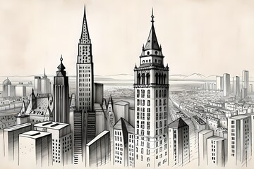 Moderne Skyline einer Großstadt mit Bleistift gezeichnet