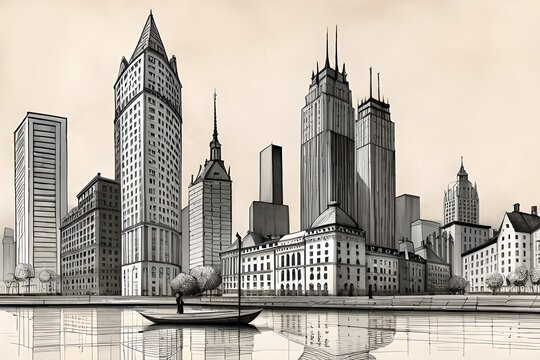 Moderne Skyline einer Gro&szlig;stadt mit Bleistift gezeichnet