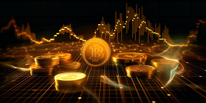 gold, coins, cryptocurrency and a stock exchange,