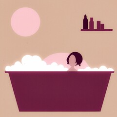 Minimalistic painting illustration of a woman in a bubble batch in a red tub