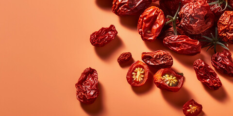 tasty and healthy sun dried tomatoes, isolated on a light orange background, free copy space, top view, close up, created with generative ai