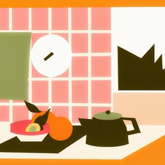 Abstract minimalistic painting illustration of a small colorful kitchen space