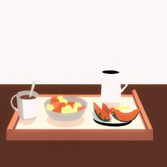 Abstract illustration painting of a fresh morning breakfast on a wooden board