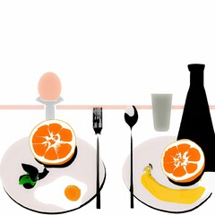 Bright colored abstract illustration of food and dishes on a white surface