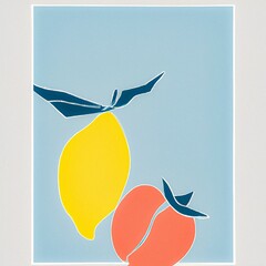 Minimalist wall art illustration of an orange and a lemon, in a frame on a blue and gray background