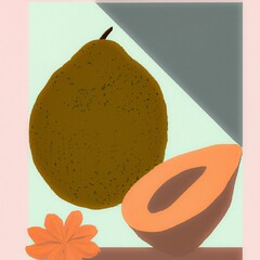 Illustration of a pear, with a pear cut in half, and a flower, on a green-shadowed background