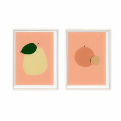 Wall art illustration of a pear and an orange, in two rectangular frames on a white background