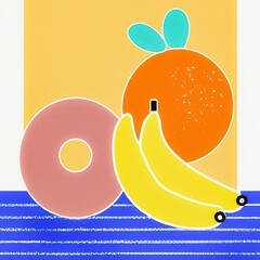Minimalist illustration of fruit with a rectangular orange background, on a blue-stripped surface