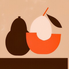 Minimalist illustration of different shapes resembling fruit, with a light brown background
