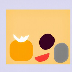 Minimalist illustration of shapes resembling fruit, in a rectangular frame, on a lavender background