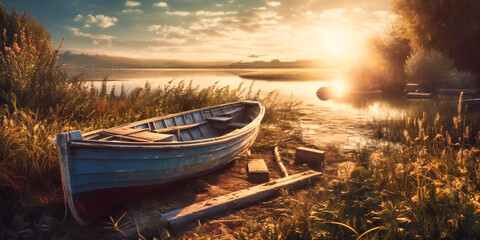 small wooden boat with a sunburst skyline