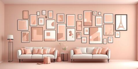Photo of a cozy living room with pink walls and decorative pictures