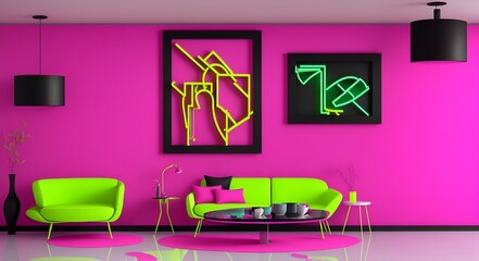 Photo of a modern living room with vibrant neon pink wall and stylish furniture