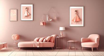 Photo of a cozy living room with pink furniture and art on the walls