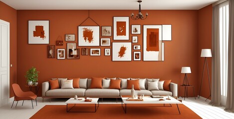 Photo of a cozy living room with vibrant orange walls and tasteful wall decor