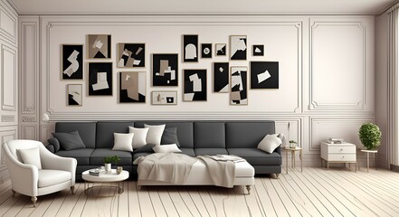 Photo of a cozy and stylish living room with comfortable seating and decorative wall art
