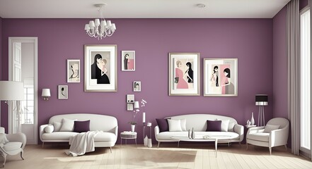 Photo of a modern living room with stylish purple walls and sleek white furniture