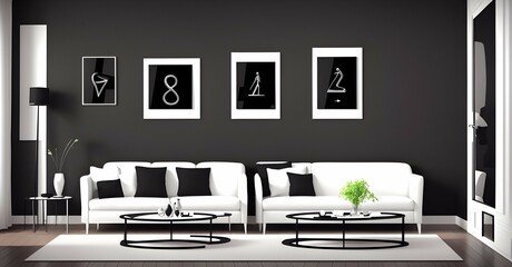 Photo of a chic black and white living room with an art gallery wall