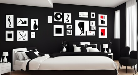 Photo of a monochromatic bedroom with a gallery wall