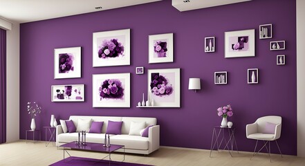 Photo of a cozy living room with vibrant purple walls adorned with decorative art
