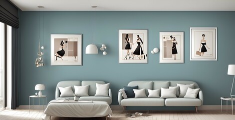 Photo of a modern living room with a blue color scheme and white furniture